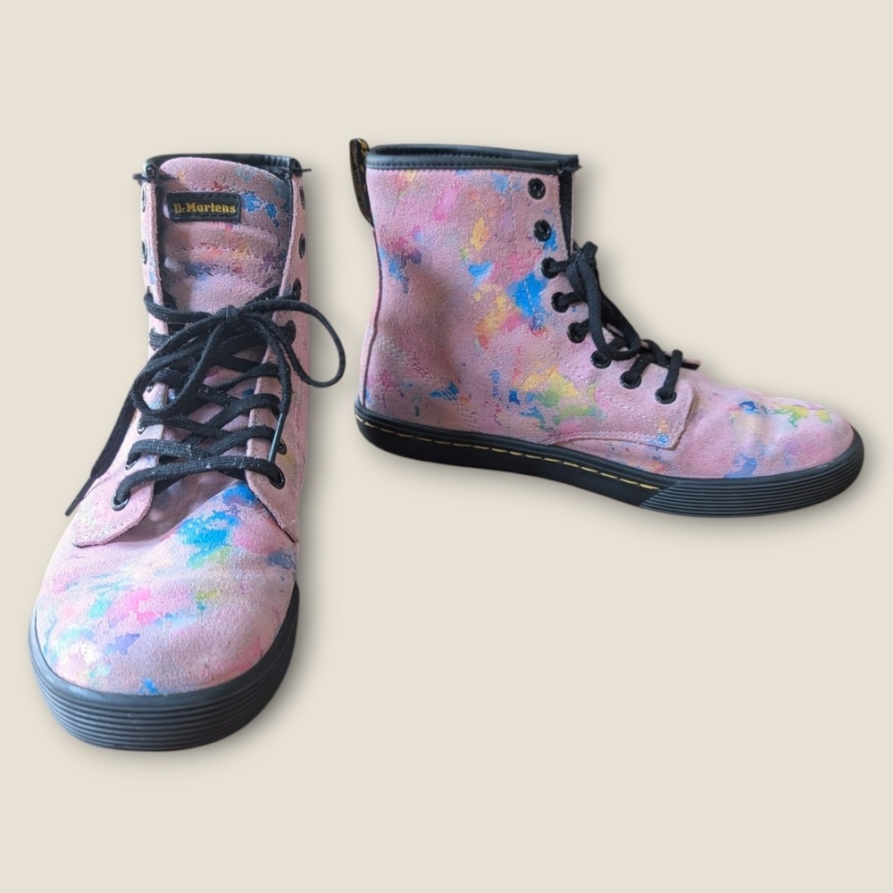 Dr. Martens Sheridan Pink‎ Watercolor Paint Splatter Suede Boots Womens Size 7